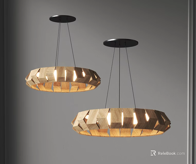 Two Modern Wooden Pendant Lights With Circular Hollow Design And Black Ceiling Bases 3d model 