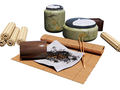 Traditional Tea Set Featuring Green Patterned Caddies Bamboo Mat Chopsticks And Tea Leaves 3d model