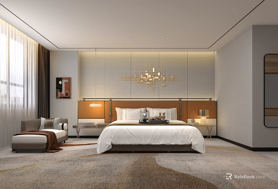 Luxurious Modern Hotel Guest Room Interior With King Bed Chandelier Nightstands Sofa And Carpet 3d model 
