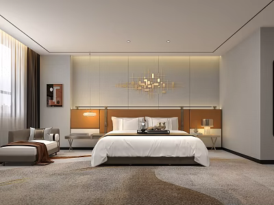 Luxurious Modern Hotel Guest Room Interior With King Bed Chandelier Nightstands Sofa And Carpet 3d model