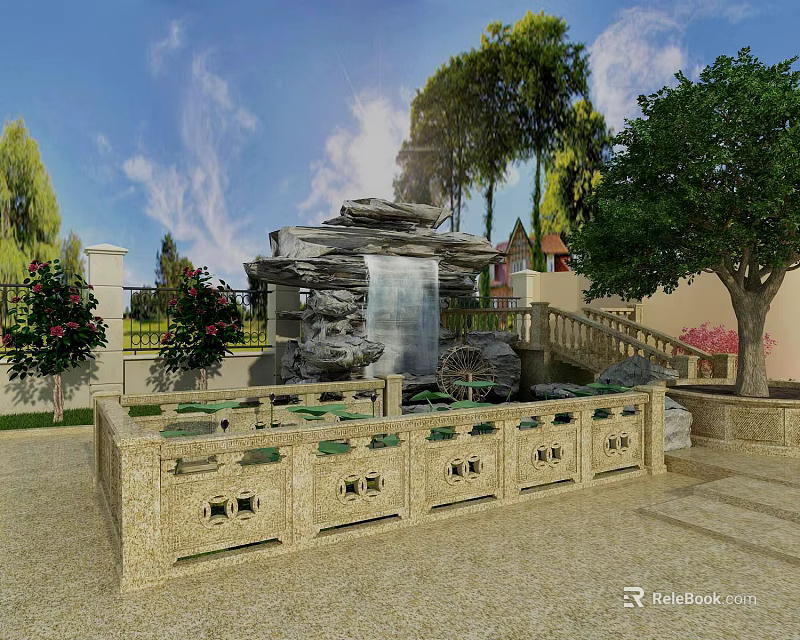 Serene Garden Landscape Featuring Rock Waterfall Stone Fence With Lush Trees Flowers And Stairs 3d model 