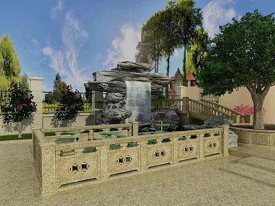 Serene Garden Landscape Featuring Rock Waterfall Stone Fence With Lush Trees Flowers And Stairs 3d model
