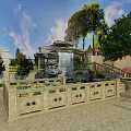 Serene Garden Landscape Featuring Rock Waterfall Stone Fence With Lush Trees Flowers And Stairs