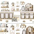 Wooden Animal Dolls And Playhouse On Shelves With Storage Cabinets