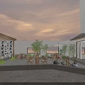 Traditional Chinese Garden Landscape with Outdoor Courtyard Wooden Furniture Green Trees and Stone Lanterns