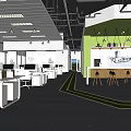 Public Office Space With White Desks Computers Green Accent Wall Hanging Lights And Geometric Carpet