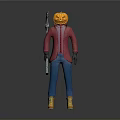 Halloween Themed Character Model With Pumpkin Head Red Coat Blue Pants Yellow Boots And Scythe
