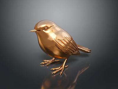 Golden Bird Statue With Metallic Shiny Finish Standing On Smooth Reflective Surface 3d model
