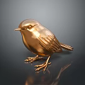 Golden Bird Statue With Metallic Shiny Finish Standing On Smooth Reflective Surface