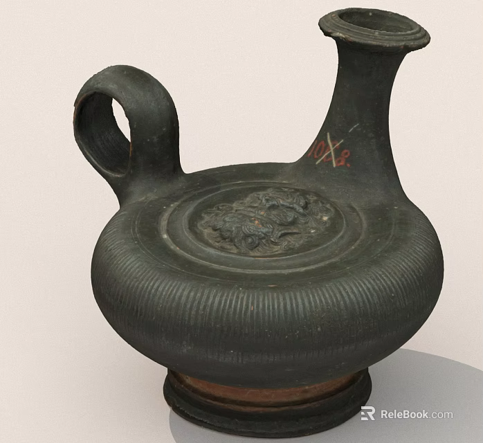 Ancient Black Ceramic Vessel With Handle Neck And Carved Design 3d model