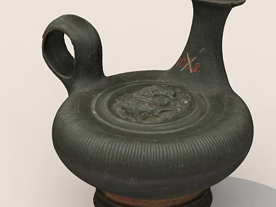 Ancient Black Ceramic Vessel With Handle Neck And Carved Design 3d model