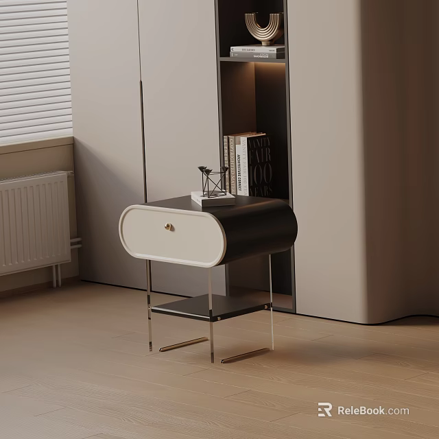 Modern Black And White Nightstand With Metal Frame Books And Decor In Bedroom Interior 3d model 