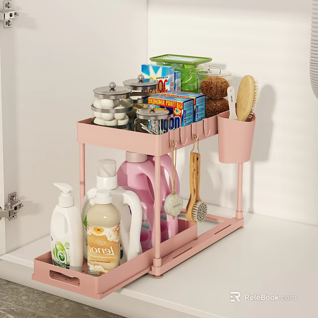 Pink Multi layer Bathroom Accessories Organizer With Cleaning Supplies Brushes And Sponges 3d model 