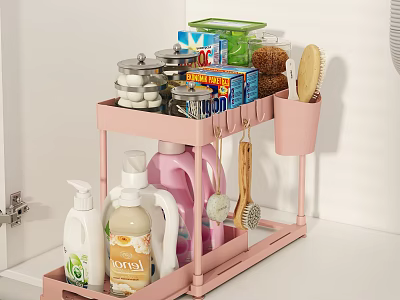 Pink Multi layer Bathroom Accessories Organizer With Cleaning Supplies Brushes And Sponges 3d model