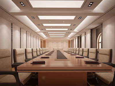 Spacious Modern Conference Room With Long Conference Table Multiple Chairs And Ceiling Lights 3d model