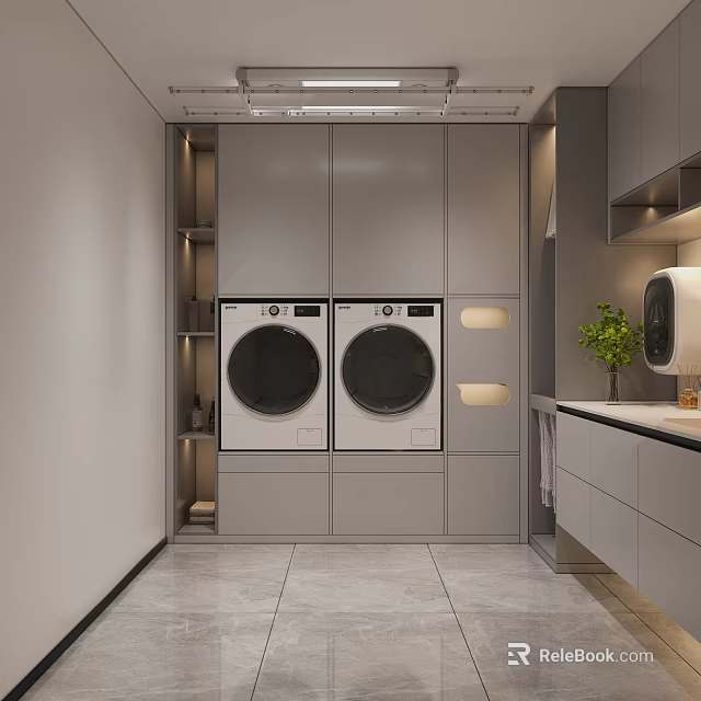 Modern Laundry Room With Two Washing Machines Grey Cabinets And Kitchen Countertop Plant 3d model 