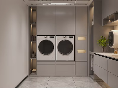 Modern Laundry Room With Two Washing Machines Grey Cabinets And Kitchen Countertop Plant 3d model