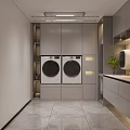 Modern Laundry Room With Two Washing Machines Grey Cabinets And Kitchen Countertop Plant
