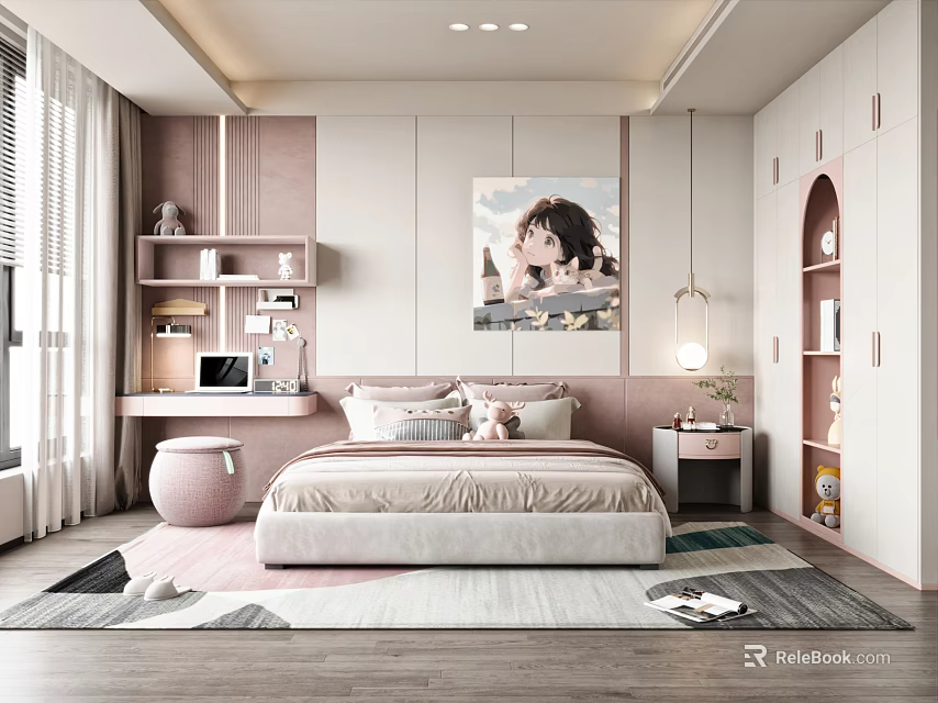 Kids Room Interior with Bed Pillows Desk Shelves Decorative Painting and Soft Rug 3d model 