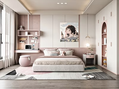 Kids Room Interior with Bed Pillows Desk Shelves Decorative Painting and Soft Rug 3d model