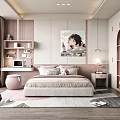 Kids Room Interior with Bed Pillows Desk Shelves Decorative Painting and Soft Rug