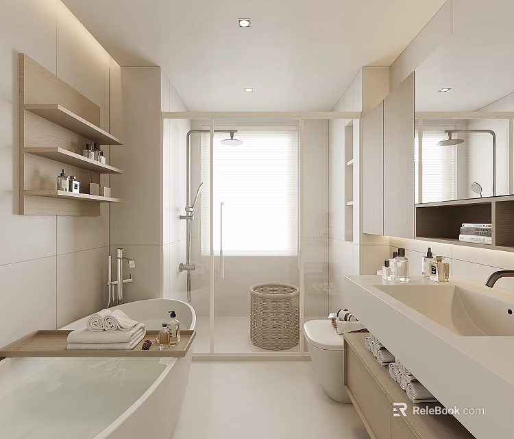 Modern Bathroom Interior Design With Freestanding Bathtub Shower Area Double Sinks And Wooden Shelves 3d model 