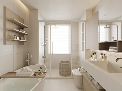 Modern Bathroom Interior Design With Freestanding Bathtub Shower Area Double Sinks And Wooden Shelves 3d model
