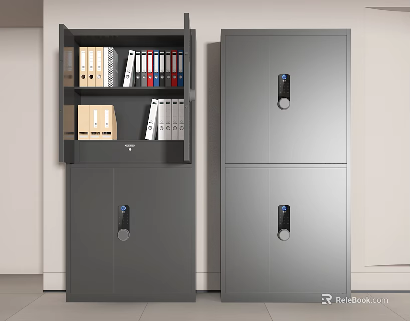Gray Metal Filing Cabinets Featuring Open Shelf Folders And Lockable Doors Design 3d model 