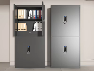 Gray Metal Filing Cabinets Featuring Open Shelf Folders And Lockable Doors Design 3d model