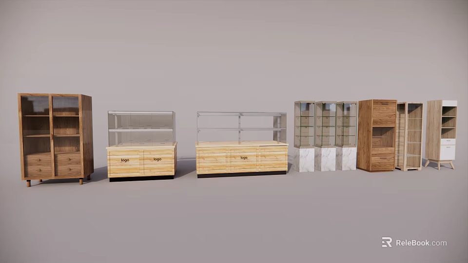 Various Stylish Display Shelves With Wooden Bodies And Glass Fronts For Retail Stores 3d model 