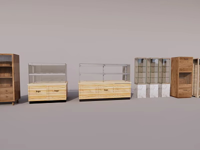Various Stylish Display Shelves With Wooden Bodies And Glass Fronts For Retail Stores 3d model