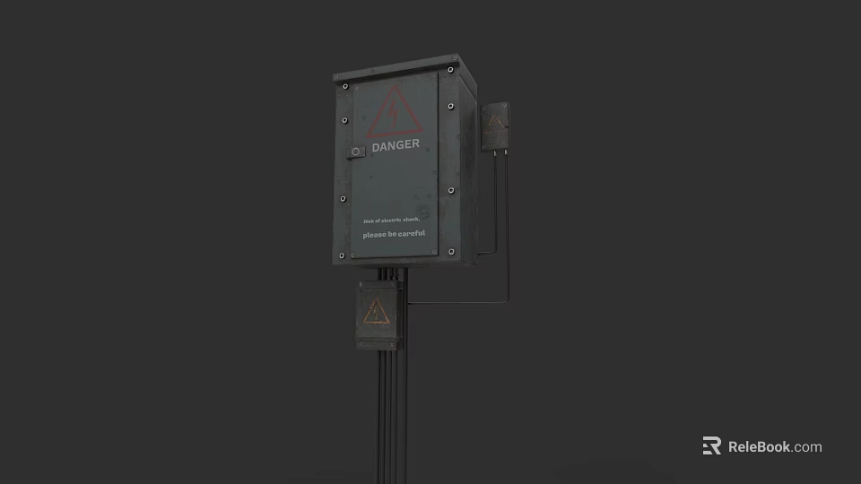 Industrial Electrical Control Box With Danger Sign And Connecting Wires 3d model 