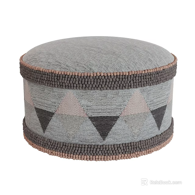 Round Gray Woven Ottoman with Geometric Triangle Patterns and Decorative Trim 3d model