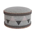 Round Gray Woven Ottoman with Geometric Triangle Patterns and Decorative Trim 3d model