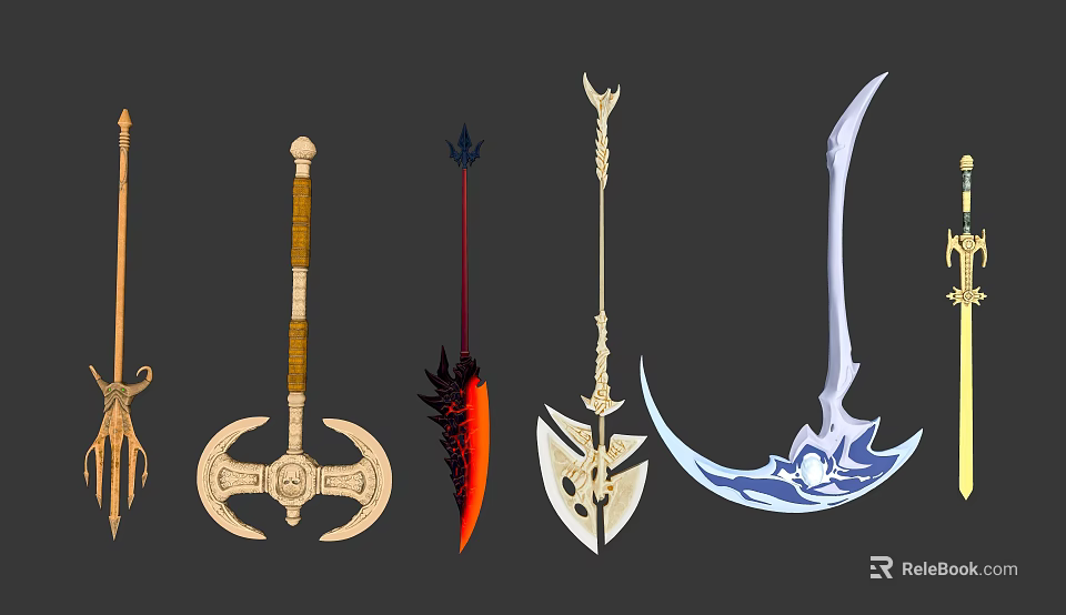 Various Fantasy Weapons With Different Designs And Ornate Decorative Details 3d model 