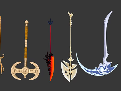 Various Fantasy Weapons With Different Designs And Ornate Decorative Details 3d model