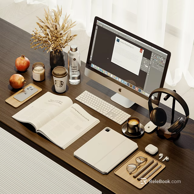Open Notebook On Wooden Desk With Computer Monitor Tablet Headphones And Coffee Cup 3d model 