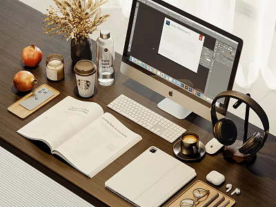Open Notebook On Wooden Desk With Computer Monitor Tablet Headphones And Coffee Cup 3d model