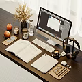 Open Notebook On Wooden Desk With Computer Monitor Tablet Headphones And Coffee Cup