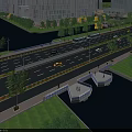Urban Garden Landscape Along River With Trees Walkways And Lush Greenery