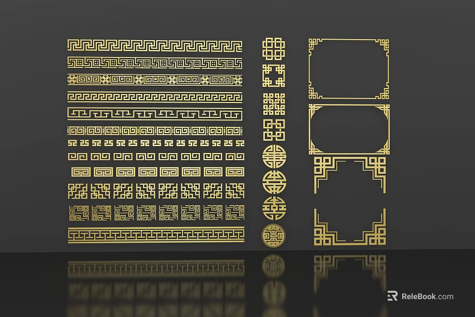Traditional Golden Carvings with Decorative Frames Geometric Patterns and Circular Motifs 3d model 