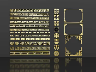 Traditional Golden Carvings with Decorative Frames Geometric Patterns and Circular Motifs 3d model