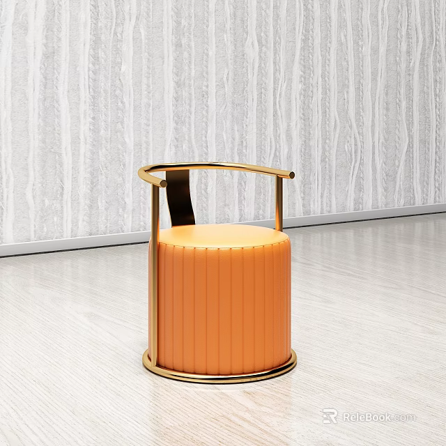Modern Round Stool With Orange Padded Seat And Golden Arched Frame 3d model