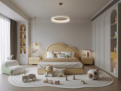 Warm Modern Kids Room Interior With Cloud Bed Toys Soft Rug And Bookshelves 3d model