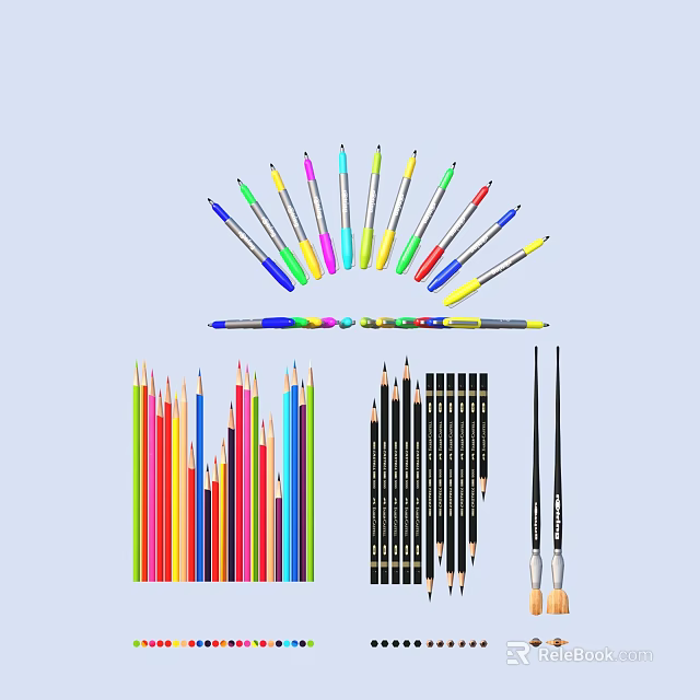 Colorful Art Supplies Collection Including Markers Colored Pencils And Paintbrushes 3d model 