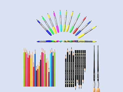 Colorful Art Supplies Collection Including Markers Colored Pencils And Paintbrushes 3d model