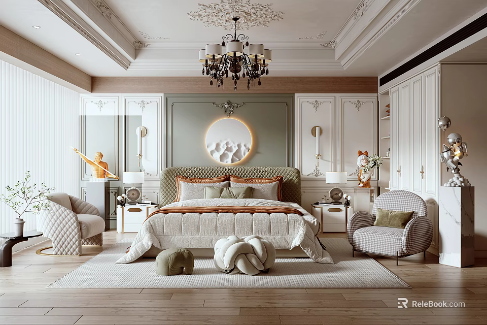 Elegant Bedroom Interior With Ornate Chandelier Upholstered Headboard Accent Armchairs And Plush Rug 3d model 