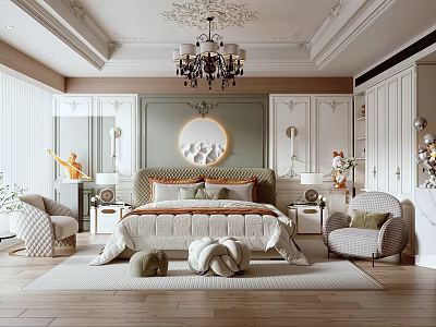 Elegant Bedroom Interior With Ornate Chandelier Upholstered Headboard Accent Armchairs And Plush Rug 3d model