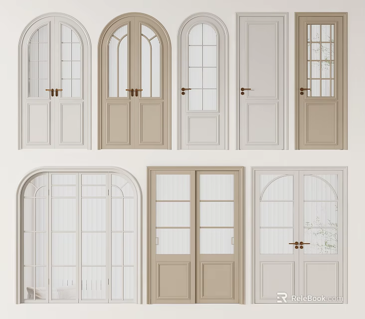 Various Double Door Styles With Glass Panels And Arched Designs For Home Interior 3d model