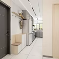 Modern Kitchen Interior With Stainless Steel Cabinets Double Door Refrigerator And Glass Door Upper Cabinets